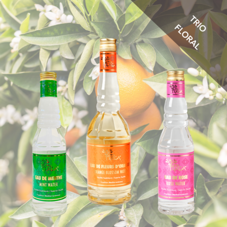 TRIO FLORAL : EAU DE FLEUR D'ORANGER, EAU DE ROSE, EAU DE MENTHE GLACIALE