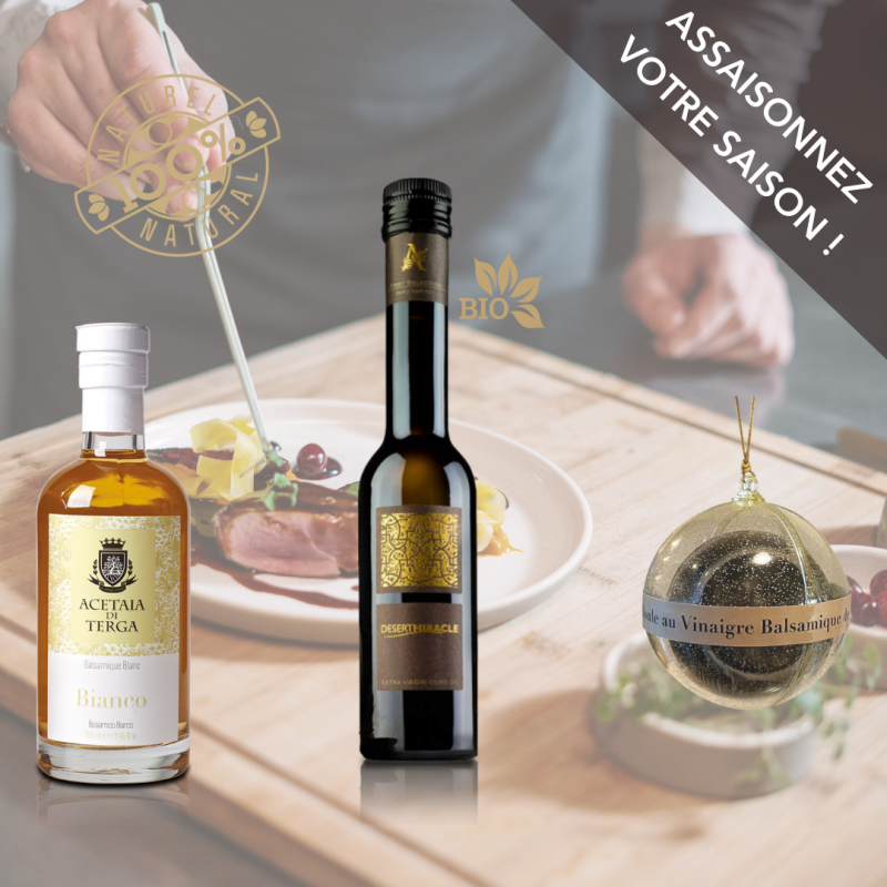 TRIO ASSAISONNEZ VOTRE SAISON : HUILE D'OLIVE DESERT MIRACLE, BALSAMIQUE BIANCO ET BOULE BALSAMIQUE A RAPER